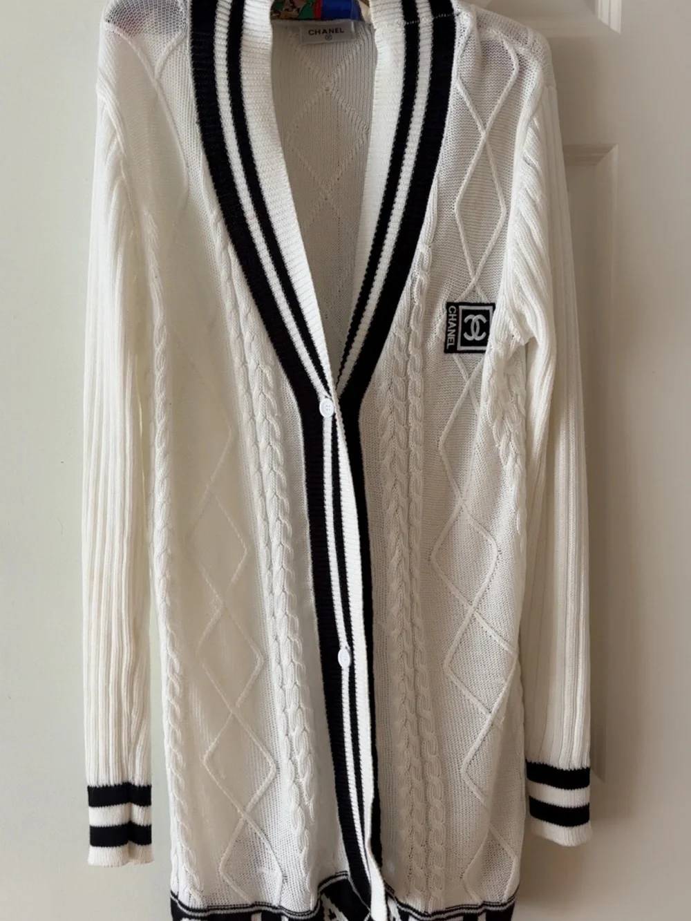 CHANEL White Cable-Knit Cardigan with Black Trim and Logo XXL (fits like XL)